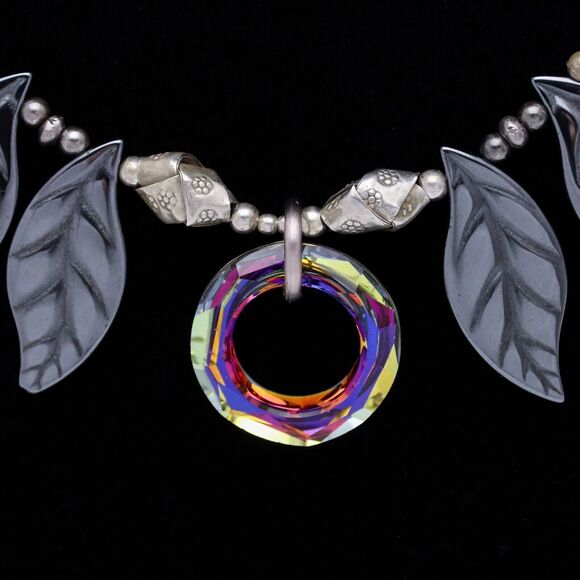 Vintage 925 Artisan Leaf Bib Necklace | Iridescent Crystal & Hematite | 19” - Picture 7 of 12